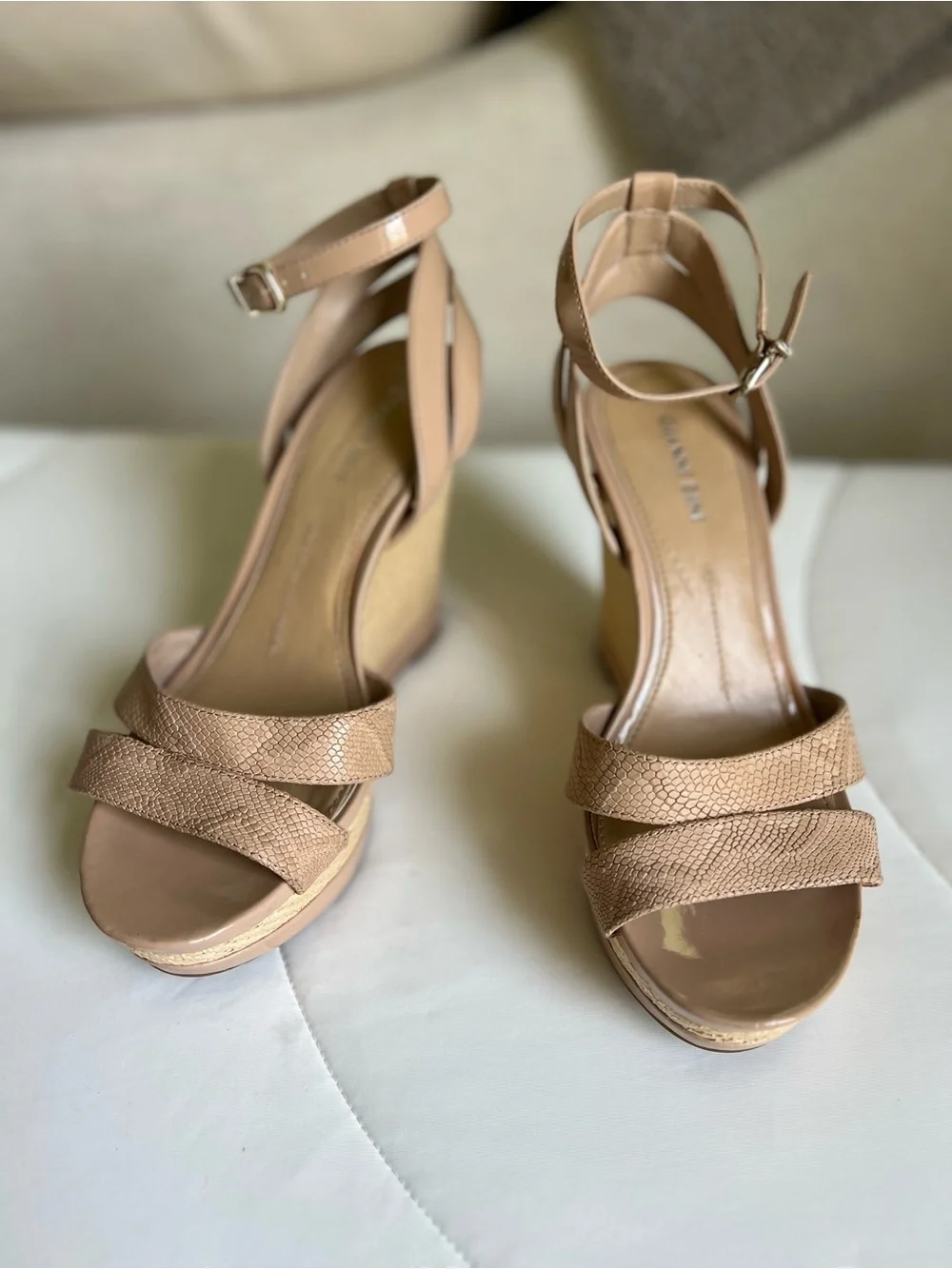 Gianni Bini Nude Ankle-Strap Wedge Sandals - Women's size 8.5 Straw